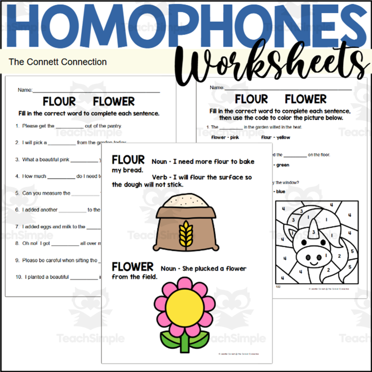An educational teaching resource from The Connett Connection entitled Homophones Worksheets: Flower Flour downloadable at Teach Simple.