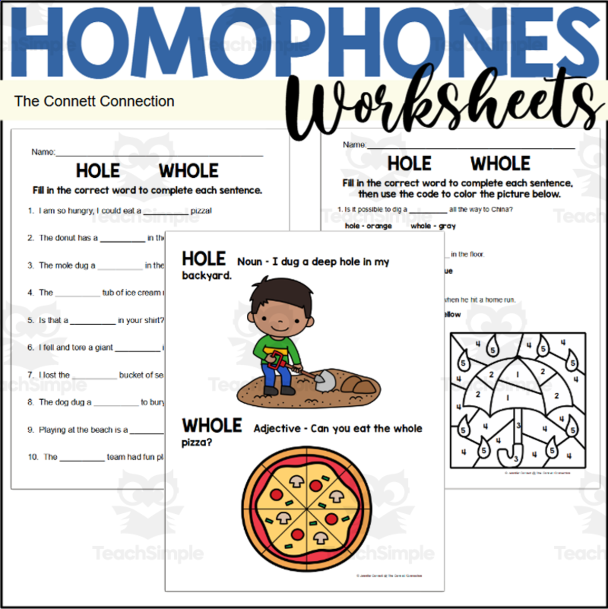 An educational teaching resource from The Connett Connection entitled Homophones Worksheets: Hole Whole downloadable at Teach Simple.