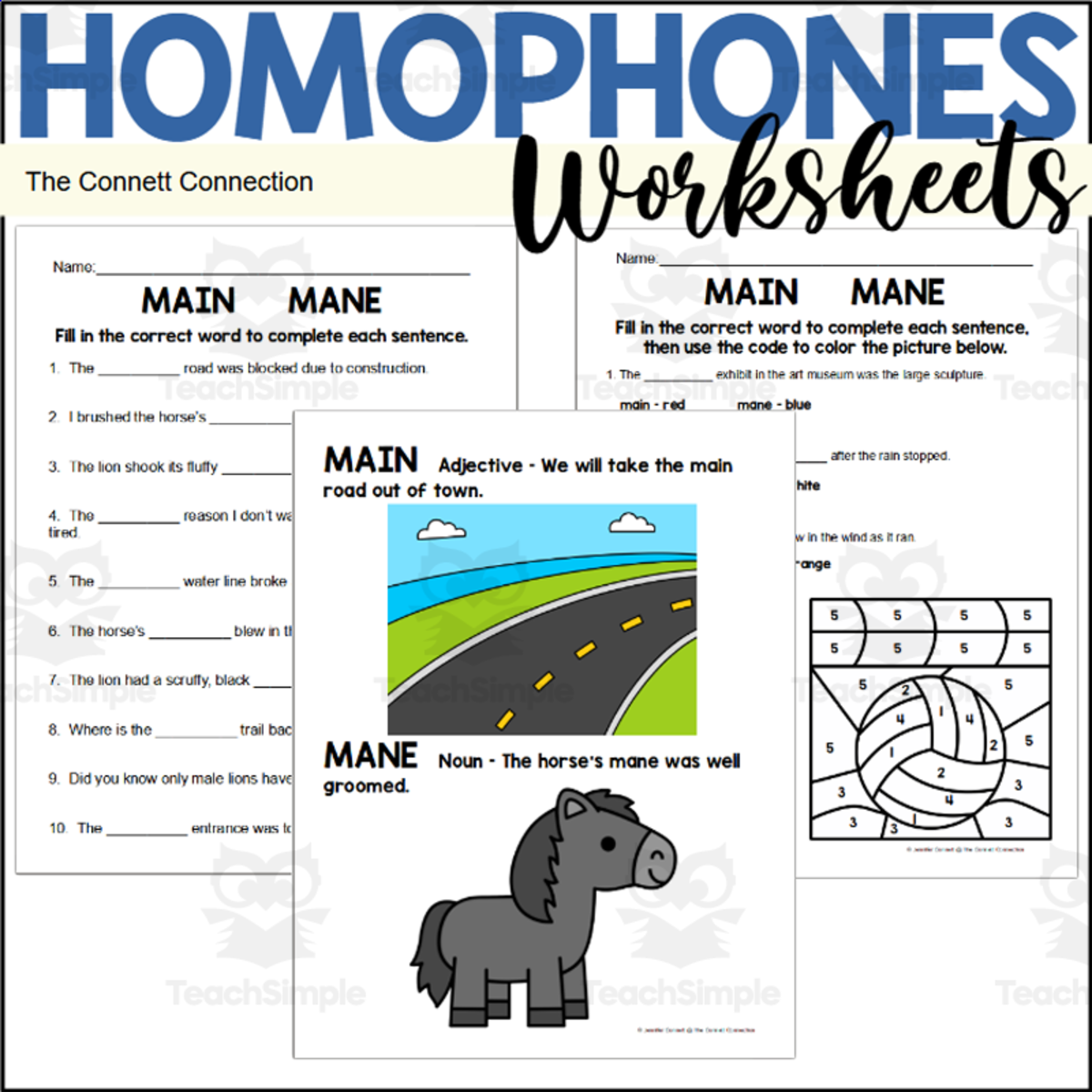 An educational teaching resource from The Connett Connection entitled Main vs Mane Homophones – Worksheet Practice downloadable at Teach Simple.