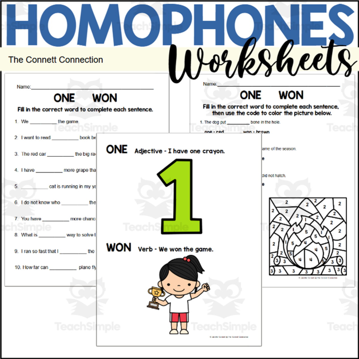 An educational teaching resource from The Connett Connection entitled Homophones Worksheets: One Won downloadable at Teach Simple.