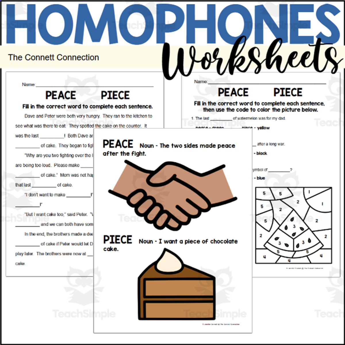 An educational teaching resource from The Connett Connection entitled Homophones Worksheets: Peace Piece downloadable at Teach Simple.