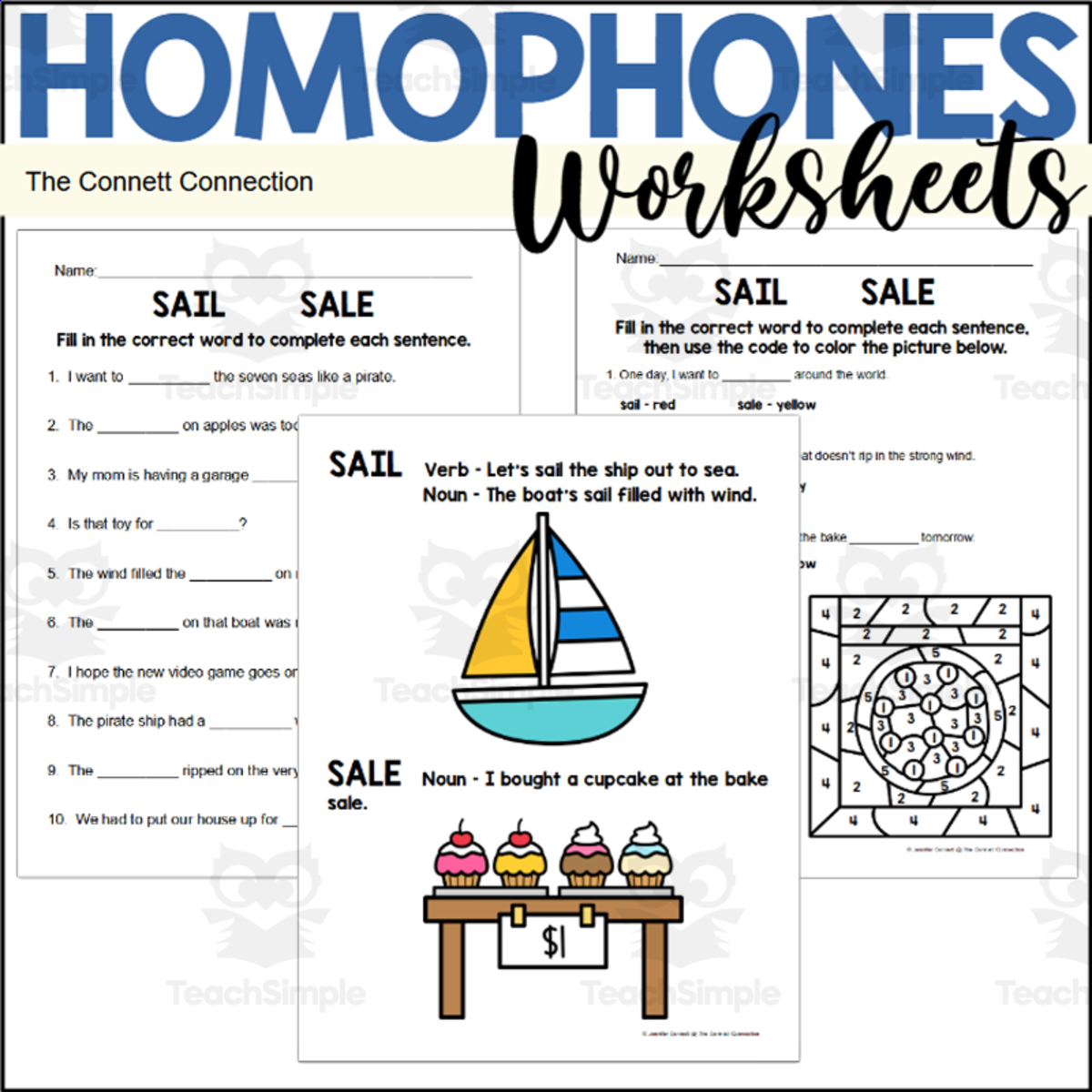 An educational teaching resource from The Connett Connection entitled Sail vs Sale Homophones – Worksheet Packet downloadable at Teach Simple.