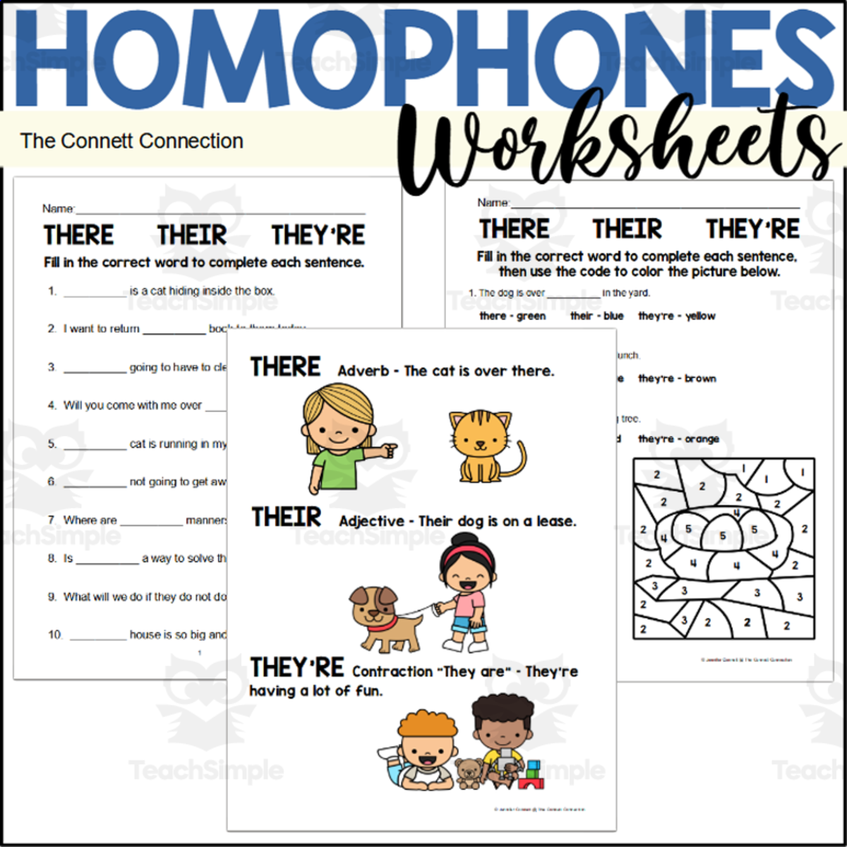 An educational teaching resource from The Connett Connection entitled Homophones Worksheets: There Their They're downloadable at Teach Simple.