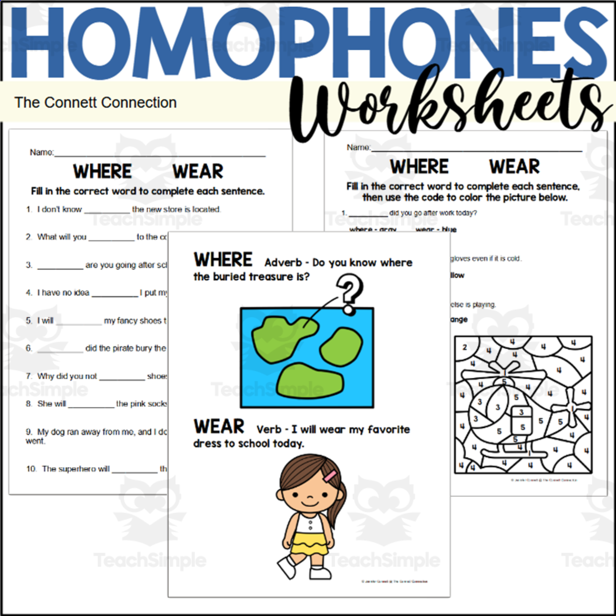 An educational teaching resource from The Connett Connection entitled Homophones Worksheets: Where Wear downloadable at Teach Simple.