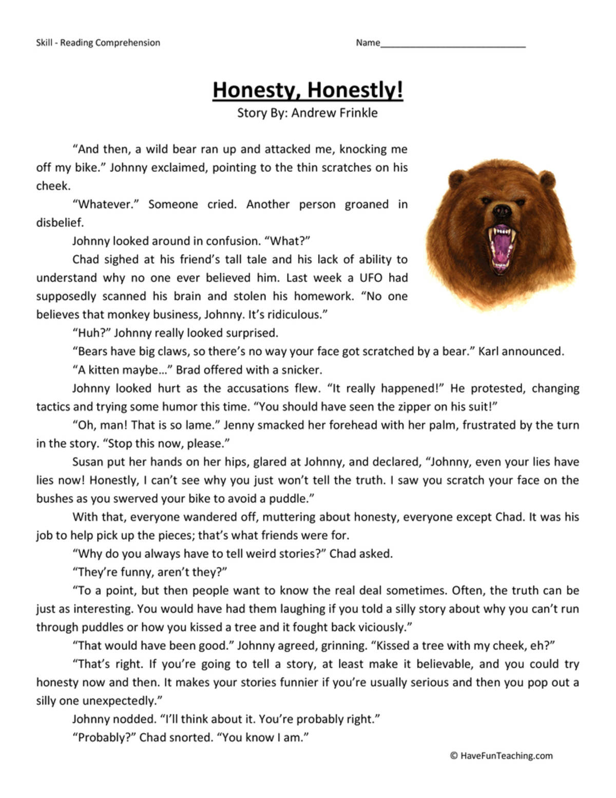 An educational teaching resource from Have Fun Teaching entitled Honestly, Honestly! Reading Comprehension Worksheet downloadable at Teach Simple.