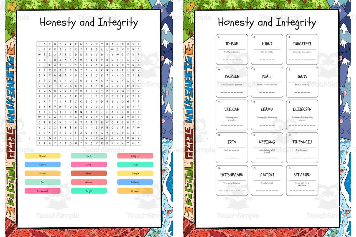 An educational teaching resource from Lapiiin Art Activities entitled Honesty and Integrity word search, scramble and crossword puzzle downloadable at Teach Simple.