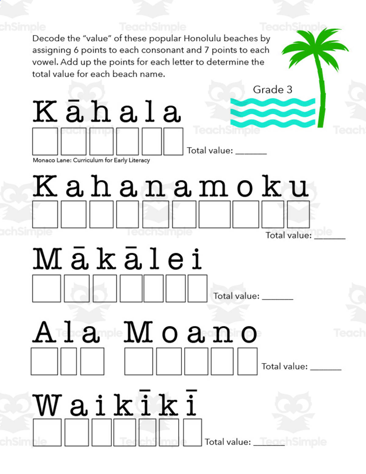 An educational teaching resource from Monaco Lane Curriculum for Early Literacy entitled Honolulu Beaches Spelling Worksheet downloadable at Teach Simple.