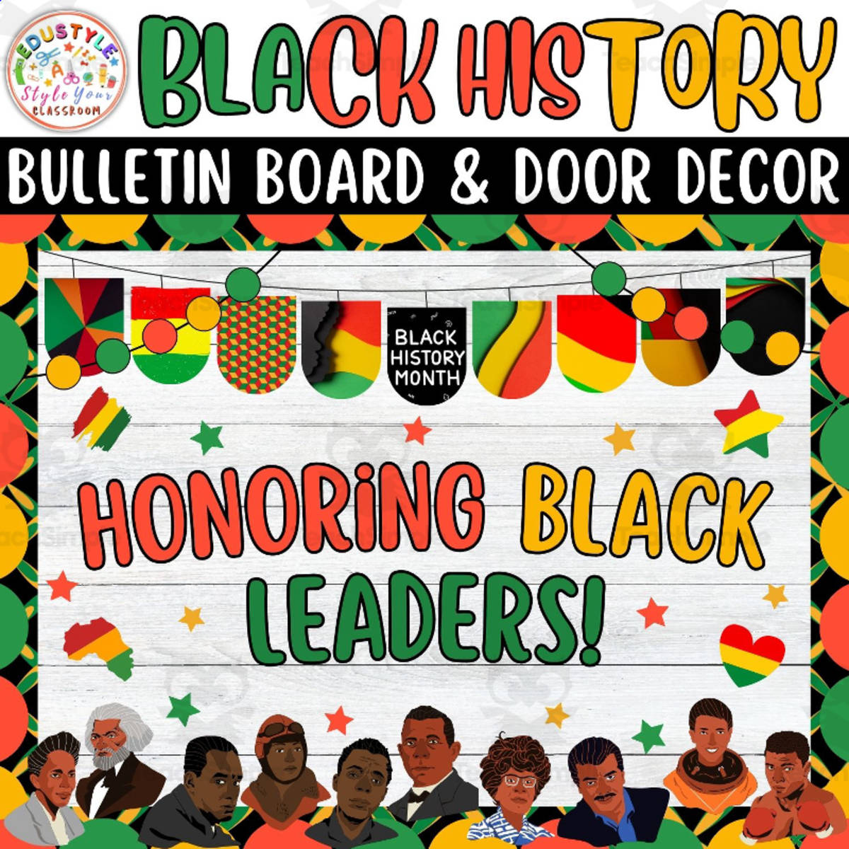 An educational teaching resource from Style Your Classroom entitled Honoring Black Leaders!: Black history Month Bulletin Boards kits downloadable at Teach Simple.