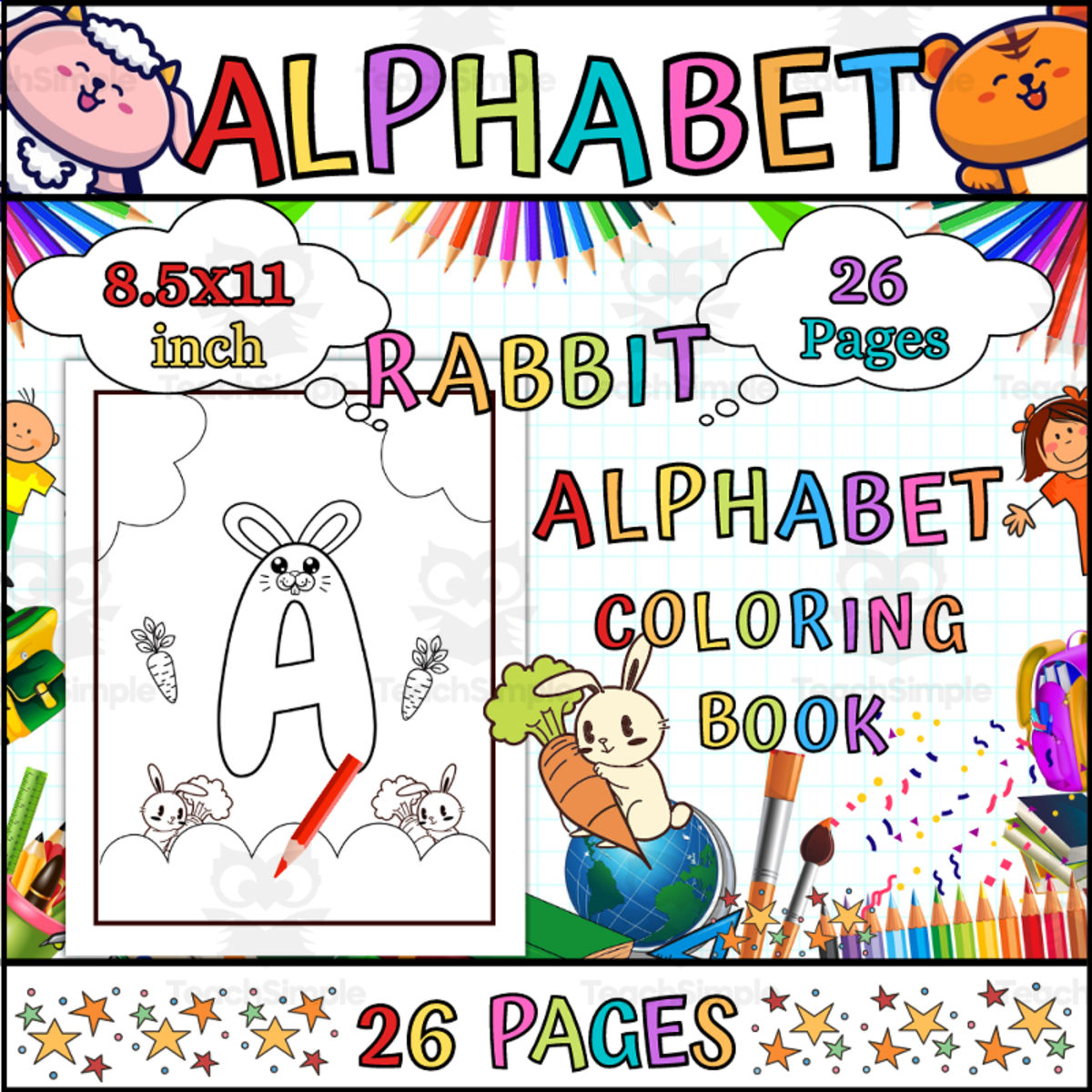 An educational teaching resource from 1 Teaches 2 Learn entitled Hoppy Letters: Rabbit Alphabet Coloring pages downloadable at Teach Simple.