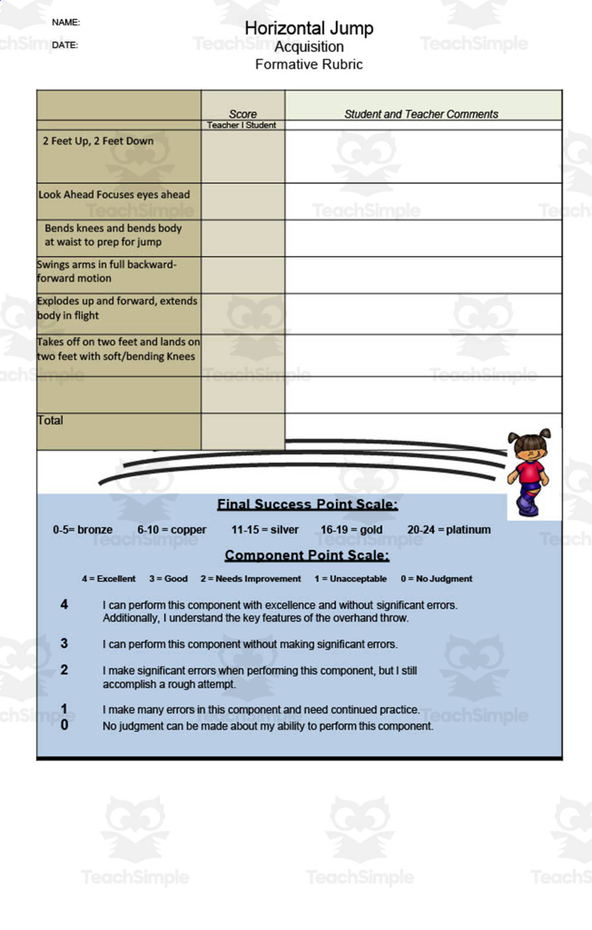 An educational teaching resource from Gems from the Gym entitled Horizontal Jump Rubric downloadable at Teach Simple.