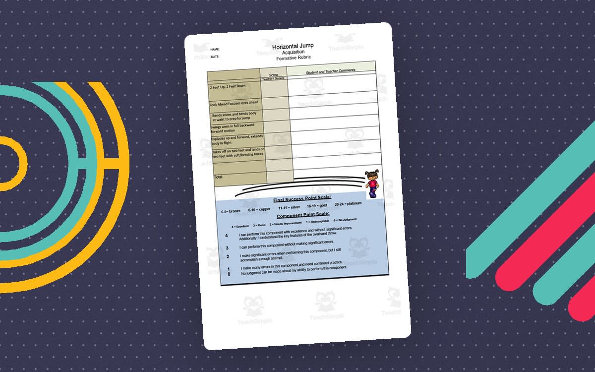An educational teaching resource from Gems from the Gym entitled Horizontal Jump Rubric downloadable at Teach Simple.