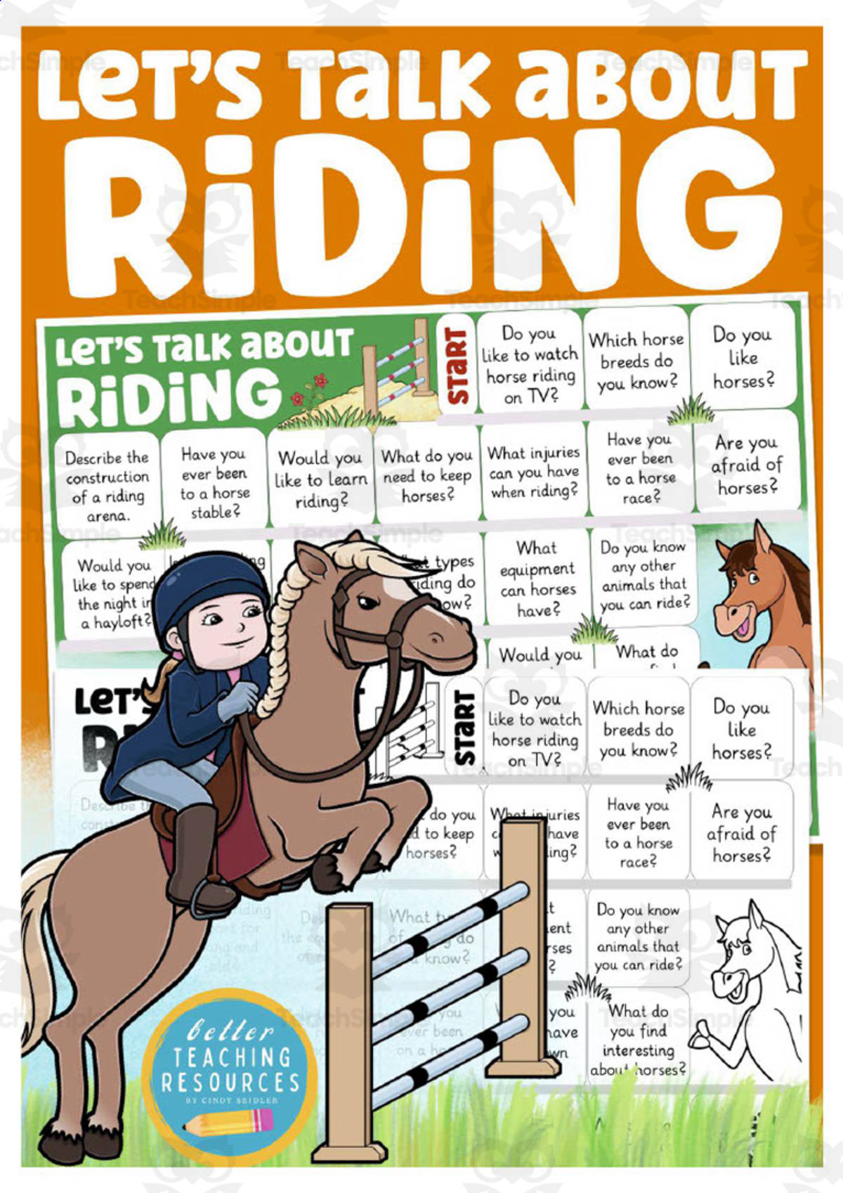 An educational teaching resource from Better Teaching Resources entitled Horseback Riding Speaking Game downloadable at Teach Simple.