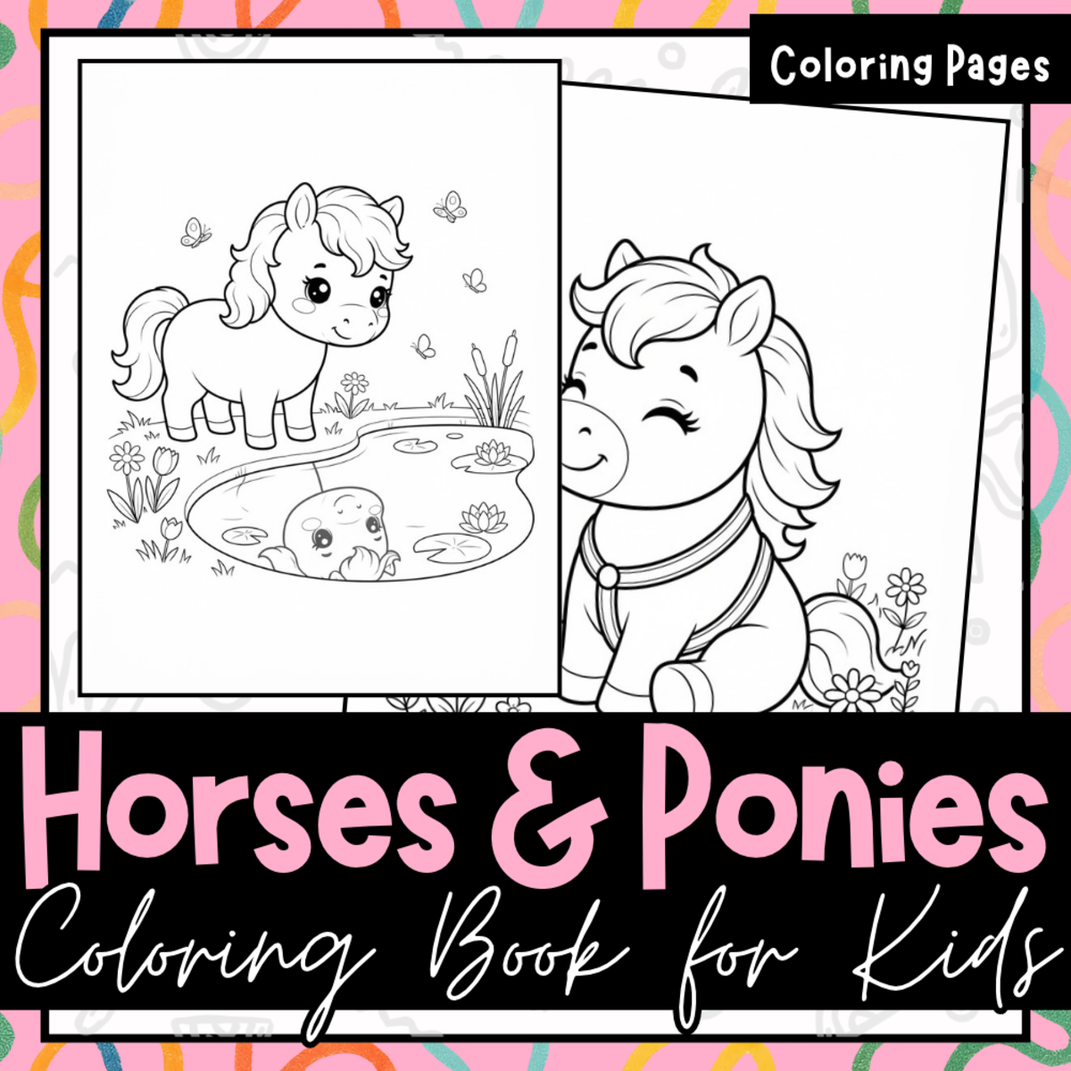 Horses & Ponies Coloring Pages for Kids | Kawaii Horse Coloring Book preview