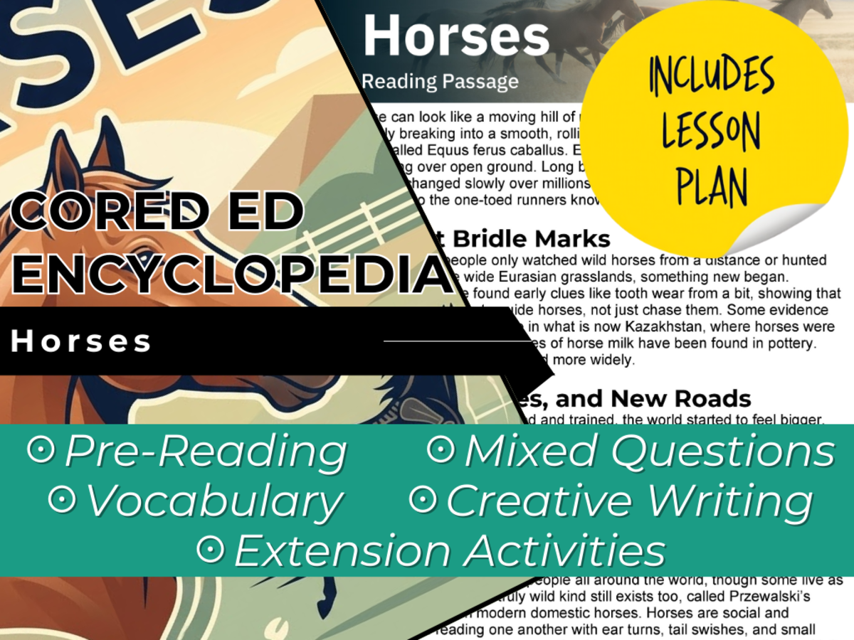 An educational teaching resource from Cored Education entitled Horses Reading Comprehension Passage - Cored Ed Encyclopedia downloadable at Teach Simple.