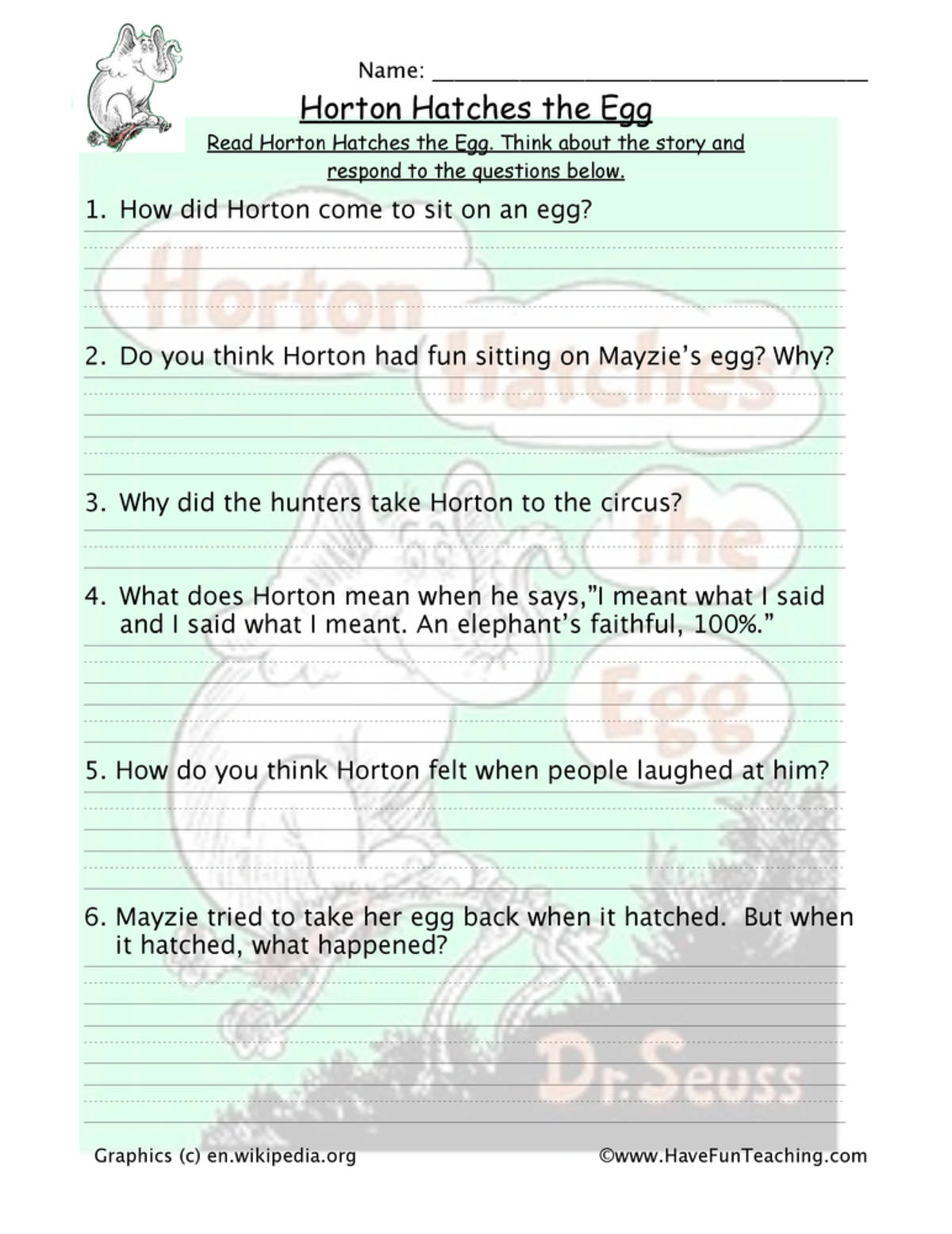 An educational teaching resource from Have Fun Teaching entitled Horton Hatches the Egg Reading Comprehension Worksheet downloadable at Teach Simple.
