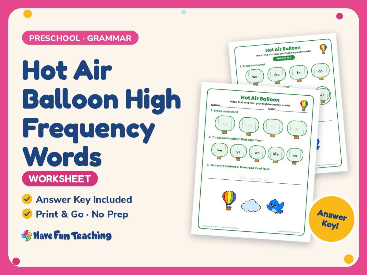 Hot Air Balloon High Frequency Words Worksheet – Preschool Sight Words preview