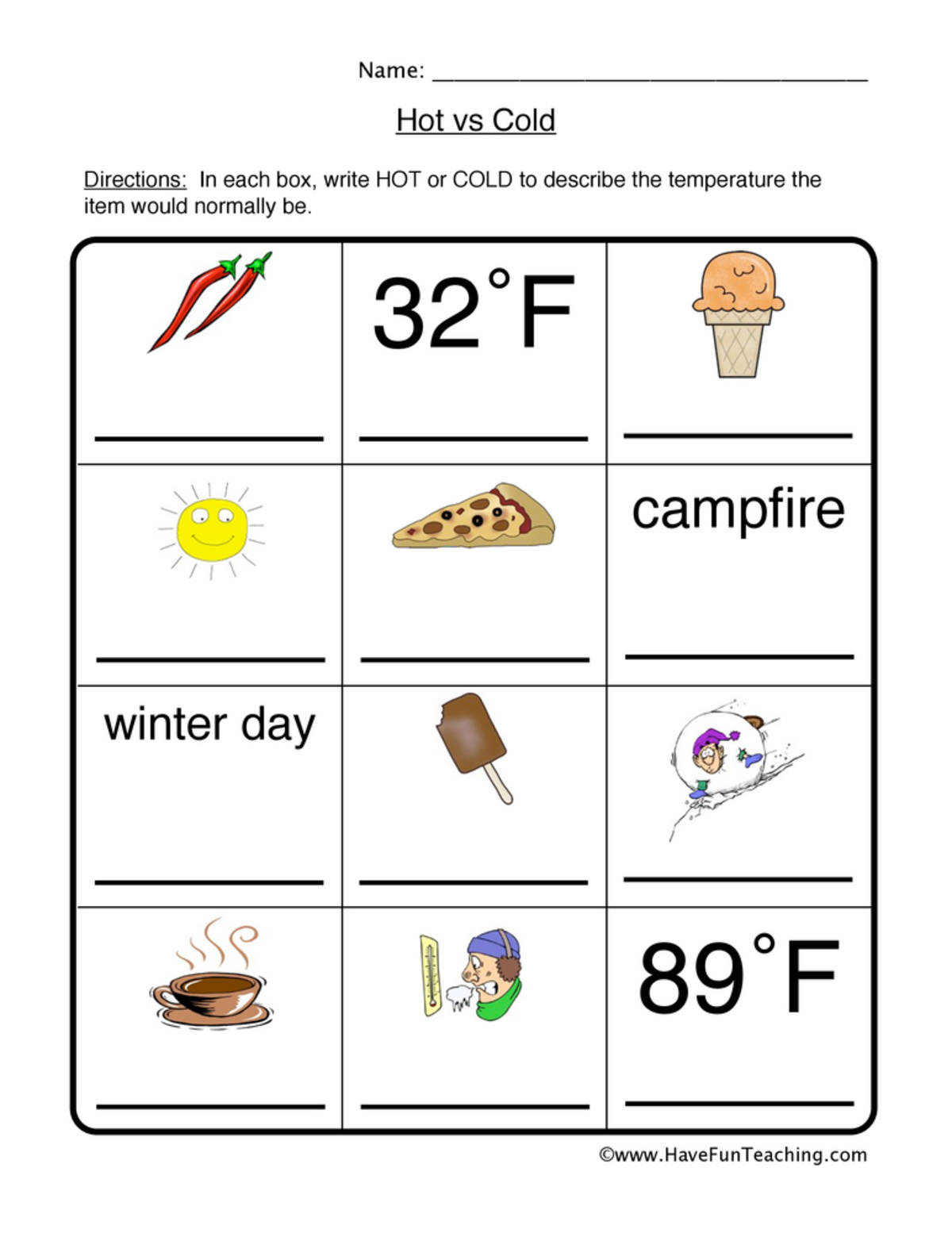 An educational teaching resource from Have Fun Teaching entitled Hot and Cold Pictures Worksheet downloadable at Teach Simple.