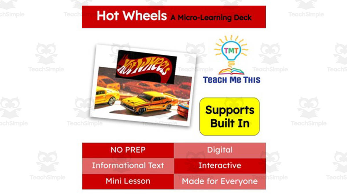 An educational teaching resource from Teach Me This entitled Hot Wheels | Reading Comprehension Deck | Interactive Lesson downloadable at Teach Simple.