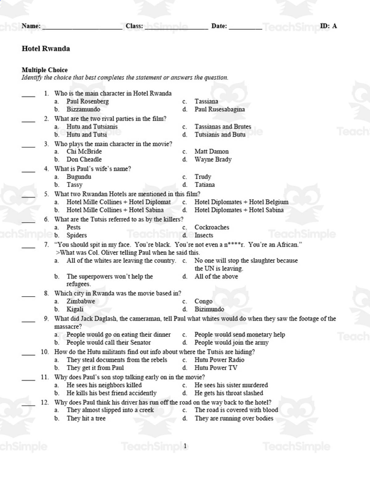 An educational teaching resource from DrDrew entitled Hotel Rwanda Quiz - Multiple Versions downloadable at Teach Simple.