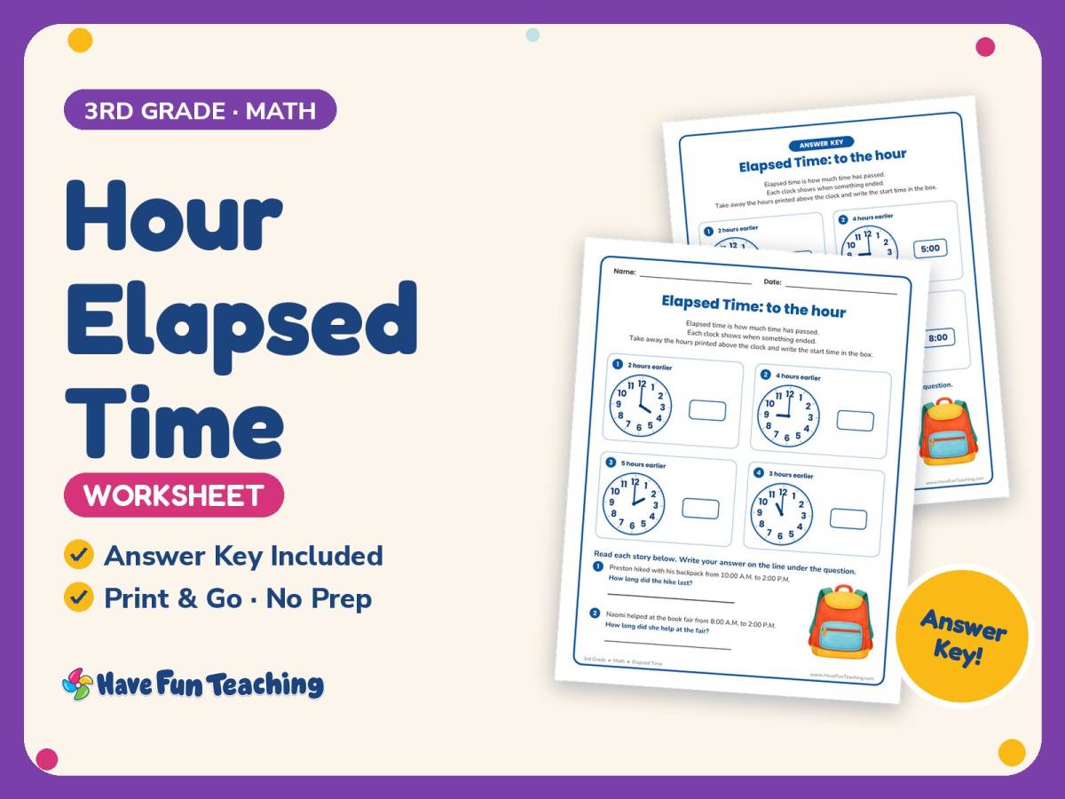 Hour Elapsed Time Worksheet – 3rd Grade Telling Time Practice preview