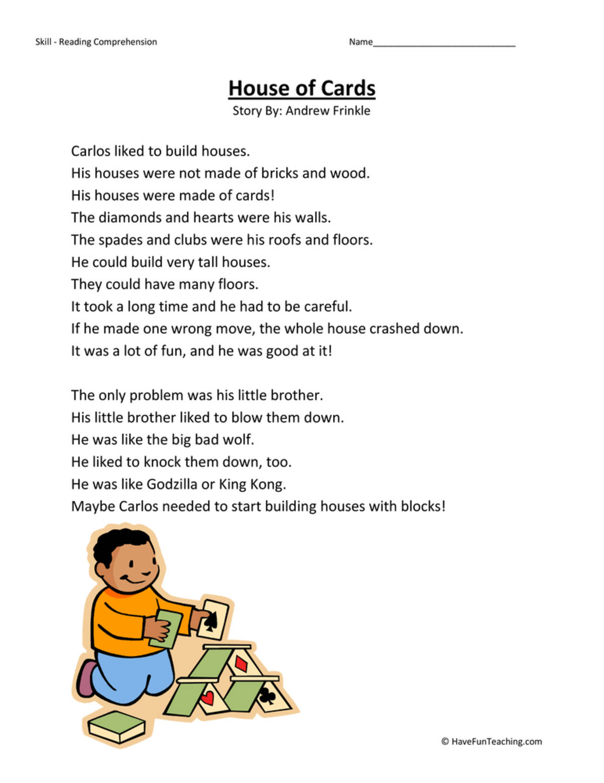 An educational teaching resource from Have Fun Teaching entitled House of Cards Reading Comprehension Worksheet downloadable at Teach Simple.