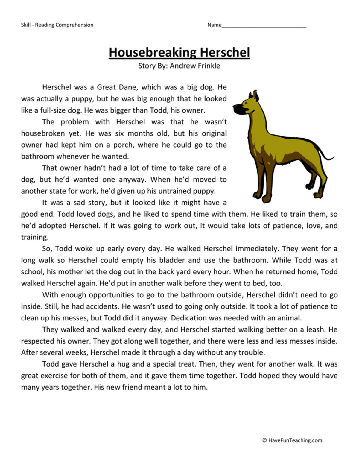 An educational teaching resource from Have Fun Teaching entitled Housebreaking Herschel Reading Comprehension Worksheet downloadable at Teach Simple.