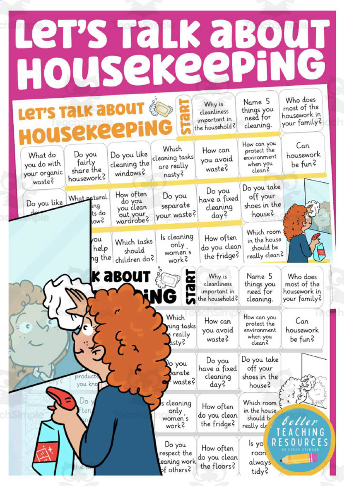 An educational teaching resource from Better Teaching Resources entitled Housekeeping Speaking Game downloadable at Teach Simple.