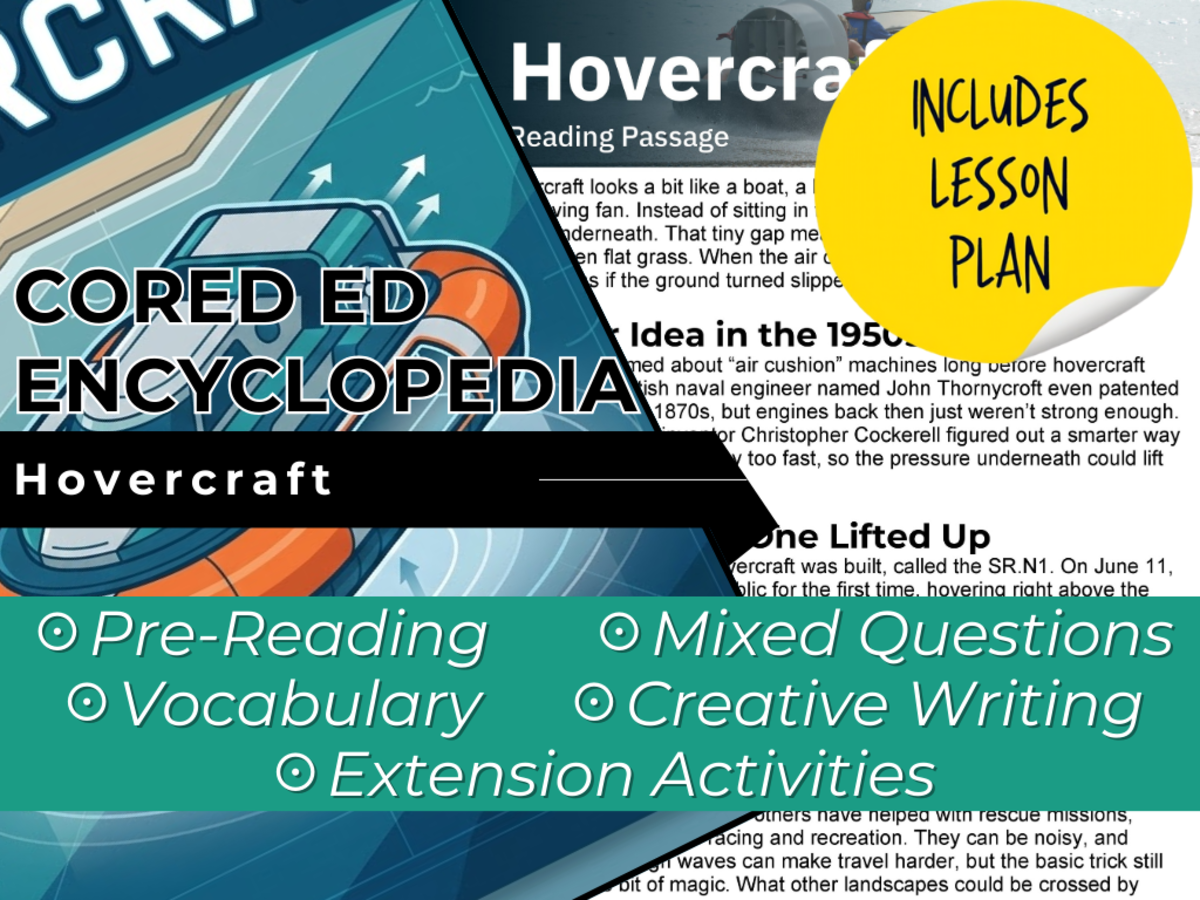 An educational teaching resource from Cored Education entitled Hovercraft Reading Comprehension Passage - Cored Ed Encyclopedia downloadable at Teach Simple.