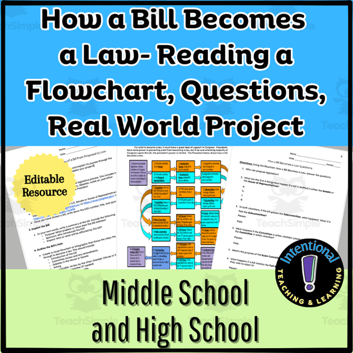 An educational teaching resource from Intentional Teaching and Learning entitled How a Bill Becomes a Law- Reading a Flowchart, Questions, Project downloadable at Teach Simple.