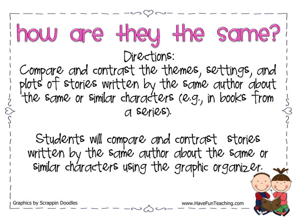 An educational teaching resource from Have Fun Teaching entitled How are They the Same Compare and Contrast Story Elements Activity downloadable at Teach Simple.