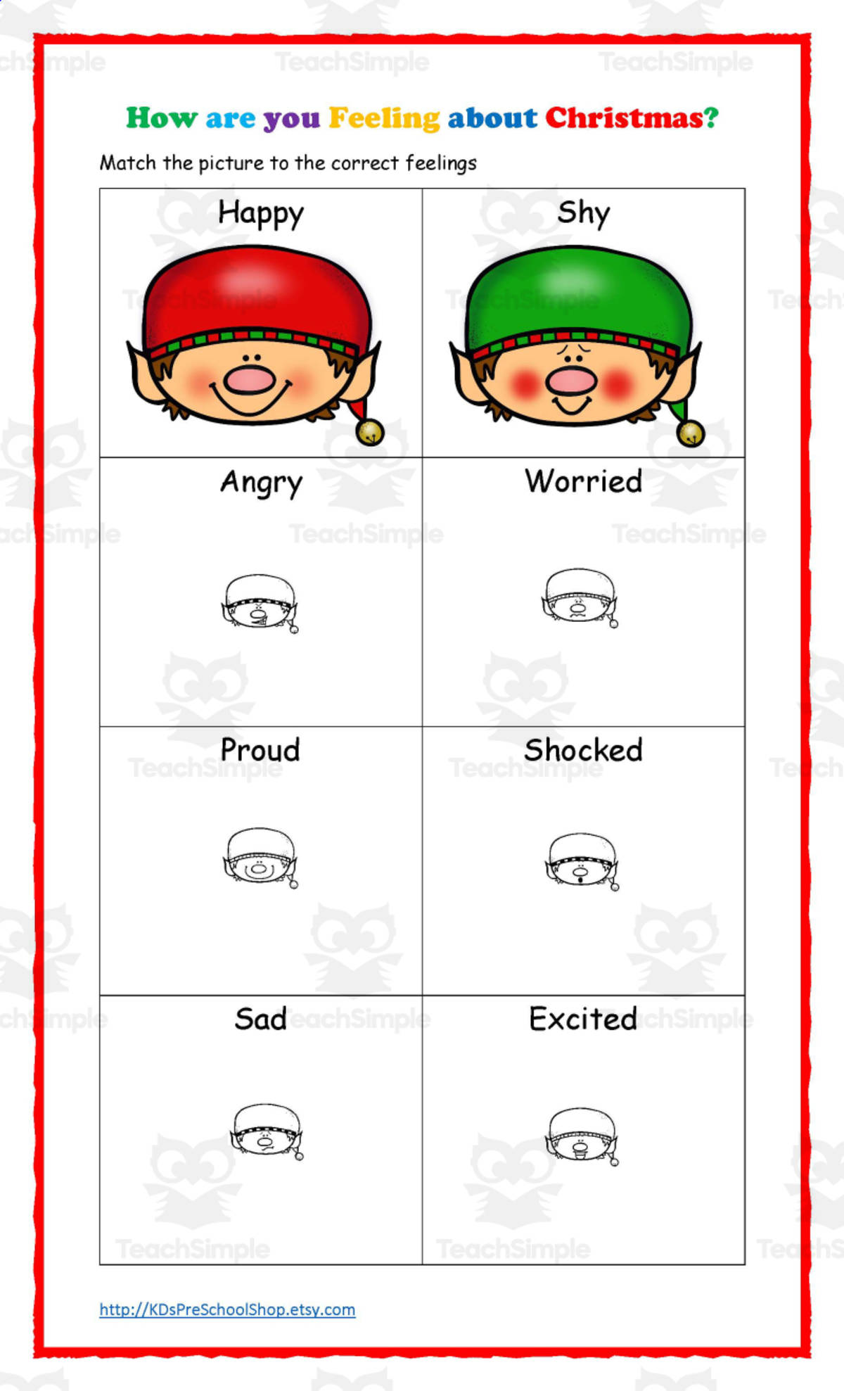 An educational teaching resource from KD's Kids School Shop entitled How Are You Feeling About Christmas? Emotions Worksheet downloadable at Teach Simple.