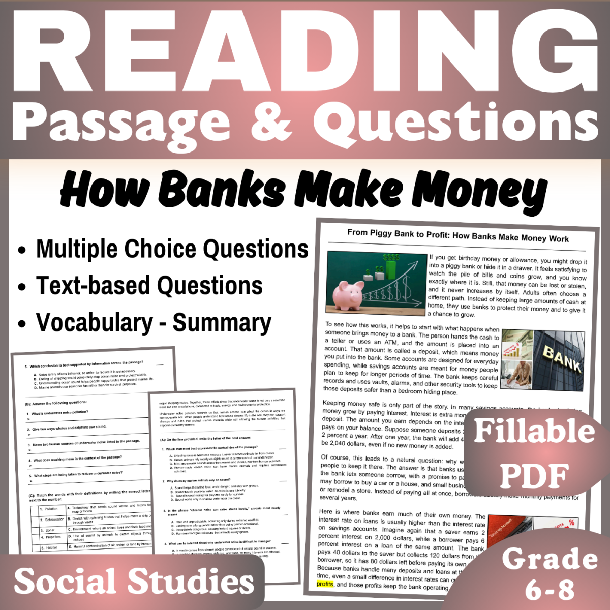 An educational teaching resource from CORED Education - Middle & High School entitled How Banks Make Money: Social Studies Reading Passage (Fillable PDF) downloadable at Teach Simple.