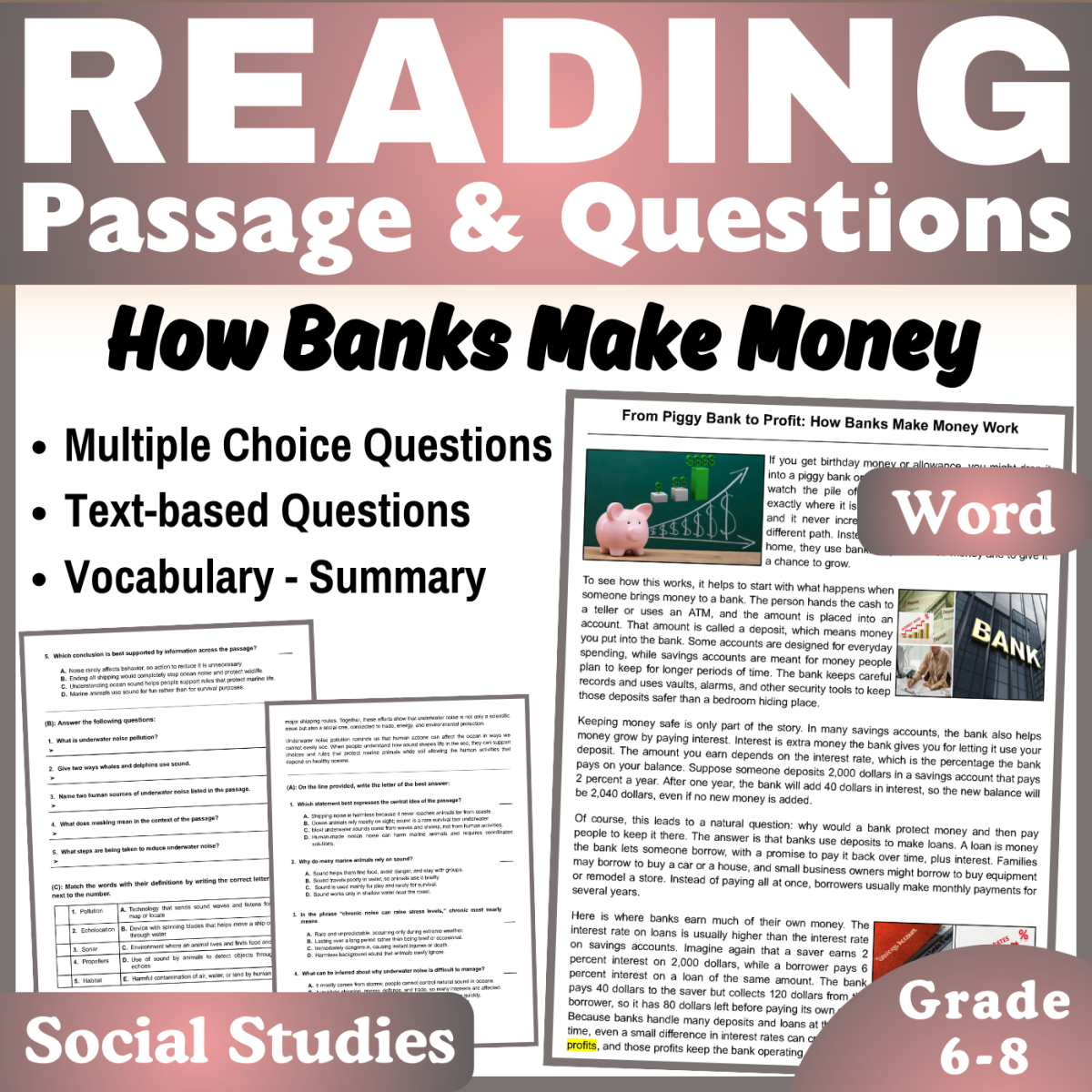 An educational teaching resource from CORED Education - Middle & High School entitled How Banks Make Money: Social Studies Reading Passage (Word) downloadable at Teach Simple.