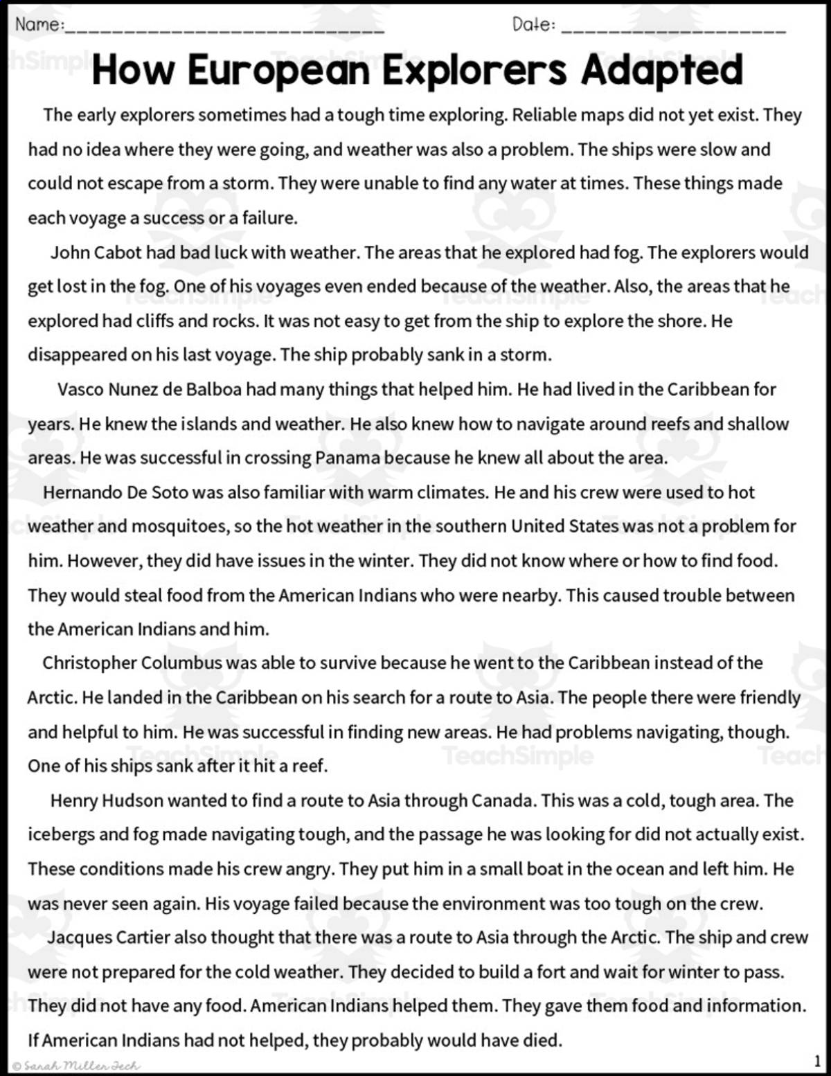 An educational teaching resource from Sarah Miller Tech entitled How Early Explorers Adapted Reading Packet downloadable at Teach Simple.