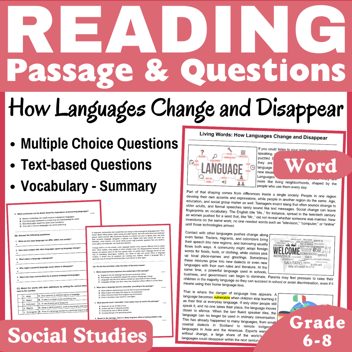 An educational teaching resource from CORED Education - Middle & High School entitled How Languages Change: Social Studies Reading Passage (Word) downloadable at Teach Simple.