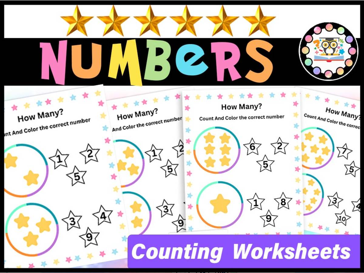 An educational teaching resource from LAMO entitled How many? Numbers to 10 Count and Color Worksheets Printables downloadable at Teach Simple.