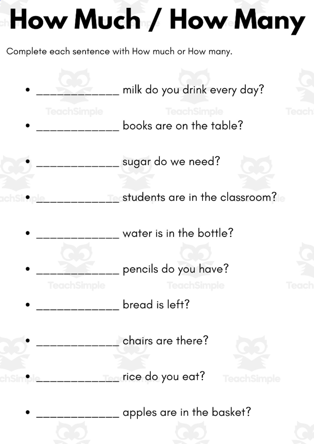 An educational teaching resource from MultiLingual Grammar Lab entitled how much how many exercises for beginners downloadable at Teach Simple.