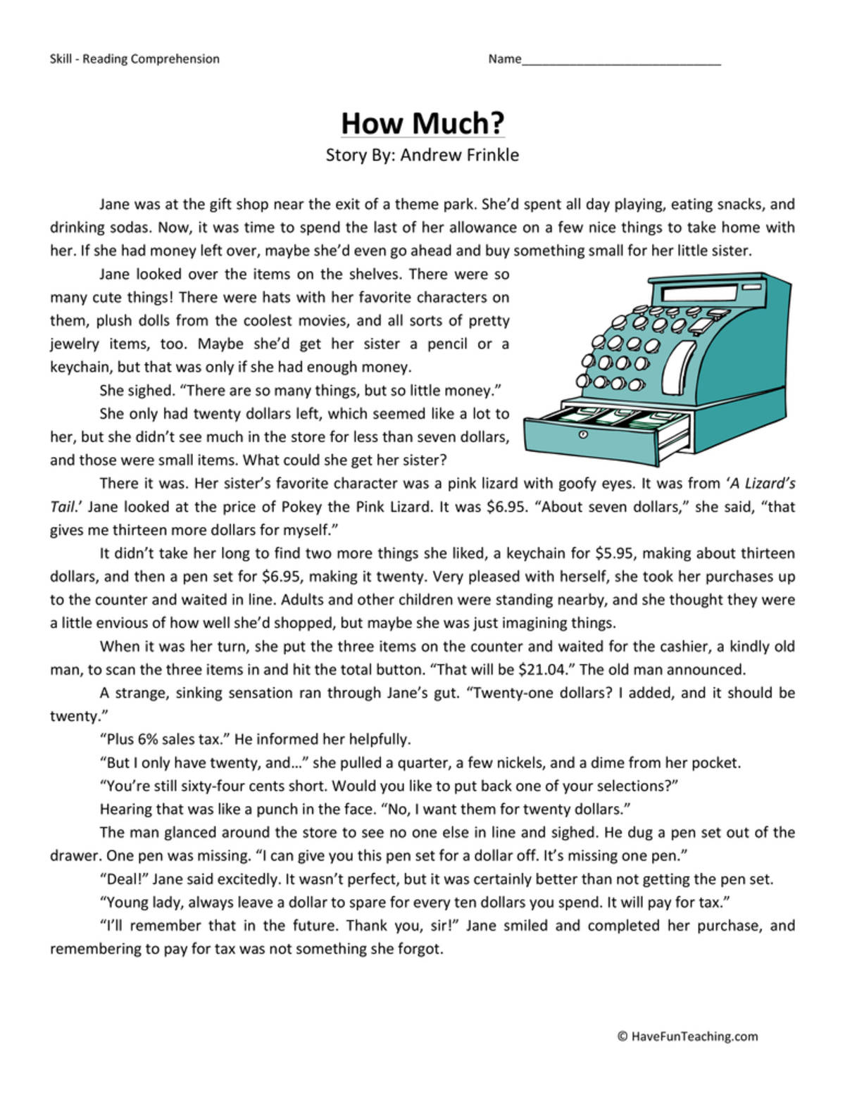 An educational teaching resource from Have Fun Teaching entitled How Much? Reading Comprehension Worksheet downloadable at Teach Simple.