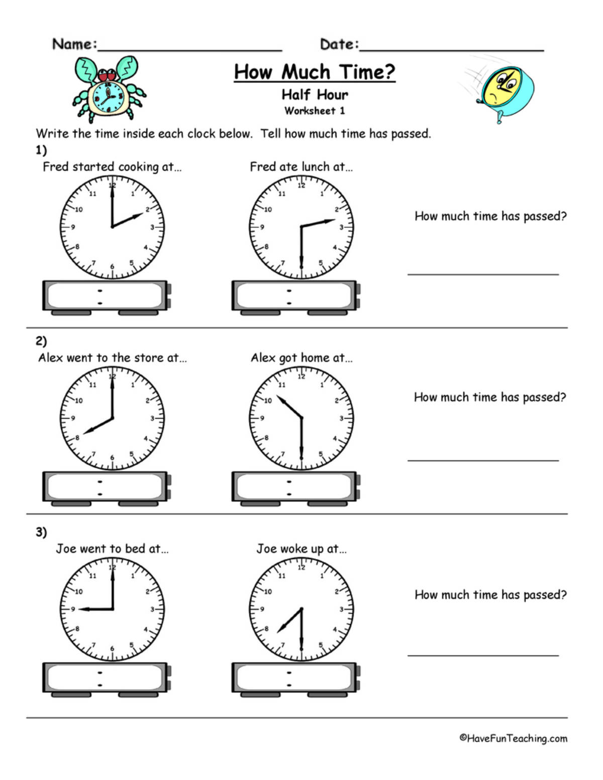 An educational teaching resource from Have Fun Teaching entitled How Much Time Passed To The Half Hour Worksheet downloadable at Teach Simple.