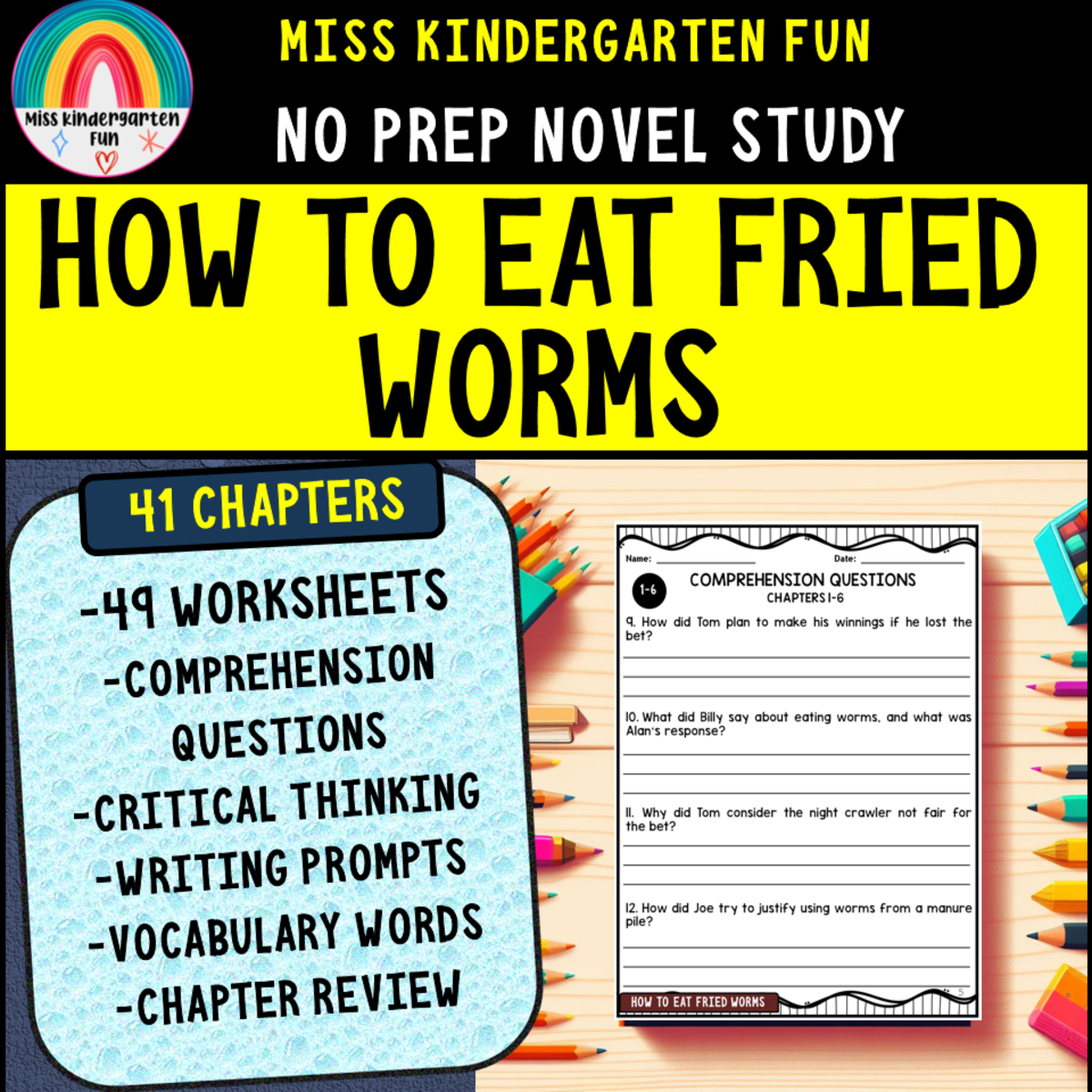 An educational teaching resource from Miss Kindergarten FUn entitled How to Eat Fried Worms Novel Study Unit - Comprehension Questions downloadable at Teach Simple.