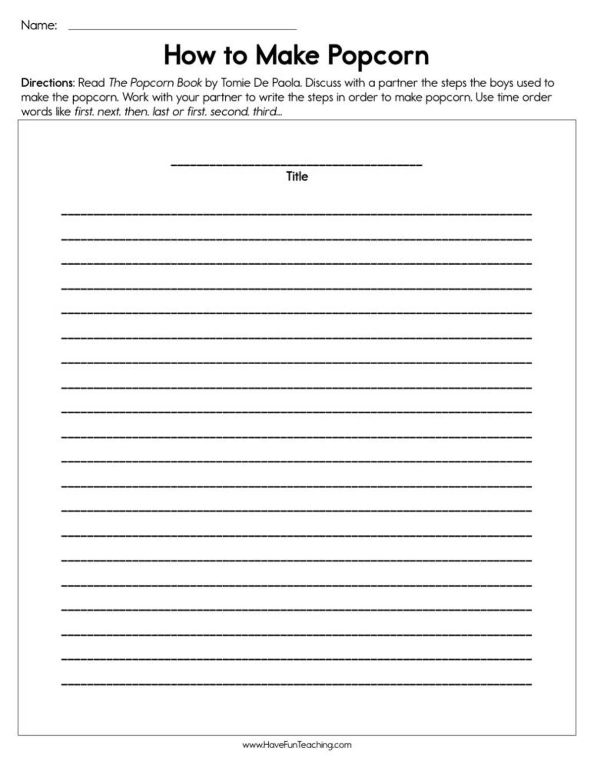 An educational teaching resource from Have Fun Teaching entitled How to Make Popcorn Worksheet downloadable at Teach Simple.