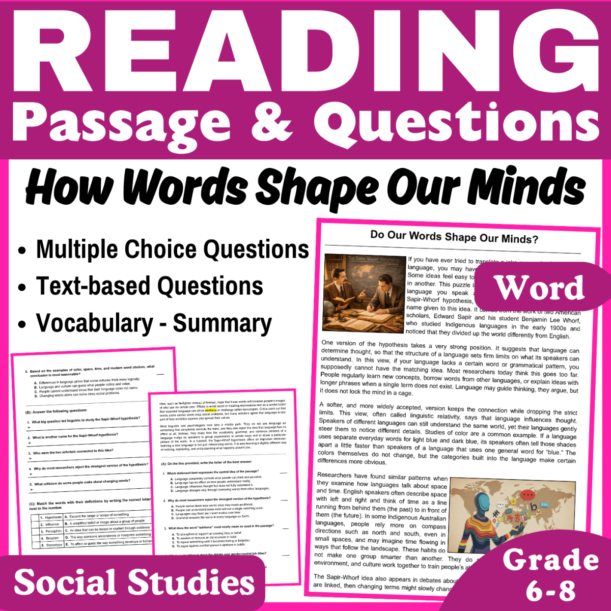 An educational teaching resource from CORED Education - Middle & High School entitled How Words Shape Our Minds: Social Studies Reading Passage (Word) downloadable at Teach Simple.