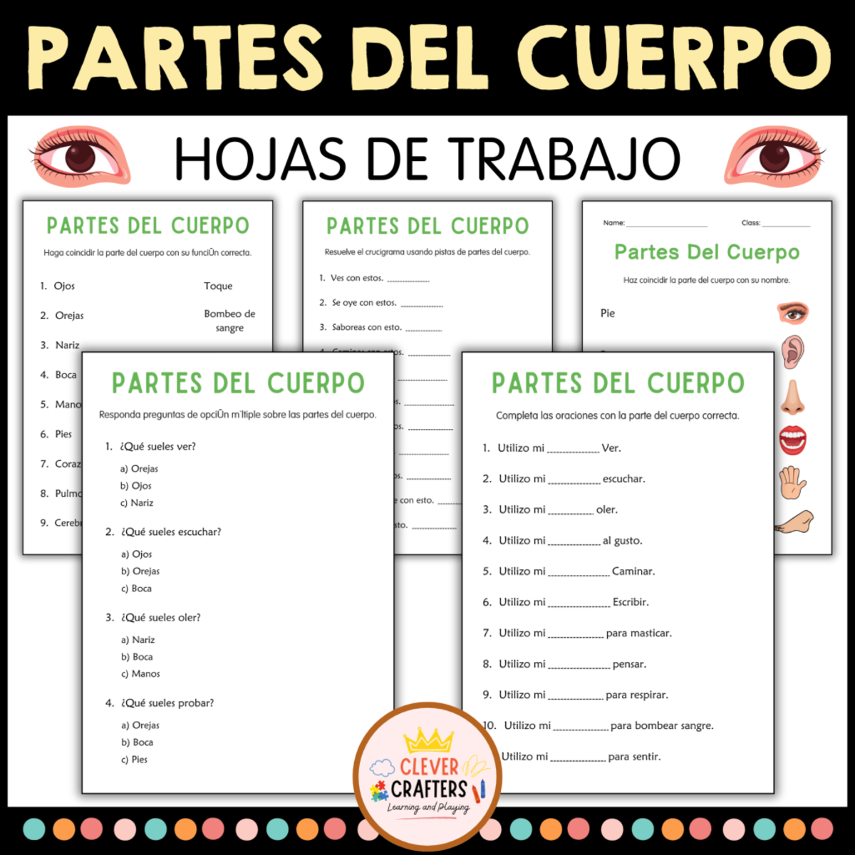 An educational teaching resource from Clever Crafters entitled Human Body Parts Worksheets in Spanish downloadable at Teach Simple.
