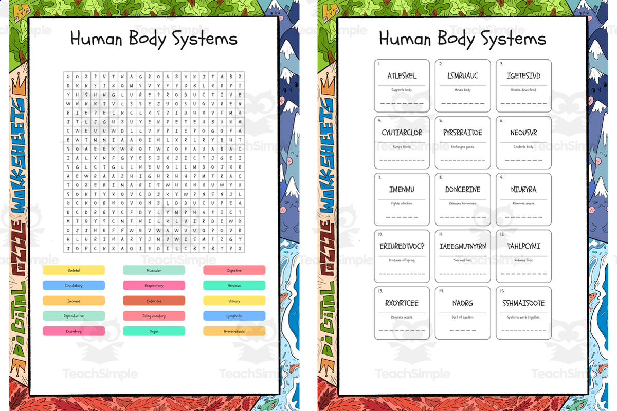 An educational teaching resource from Lapiiin Art Activities entitled Human Body Systems word search, scramble and crossword puzzle downloadable at Teach Simple.