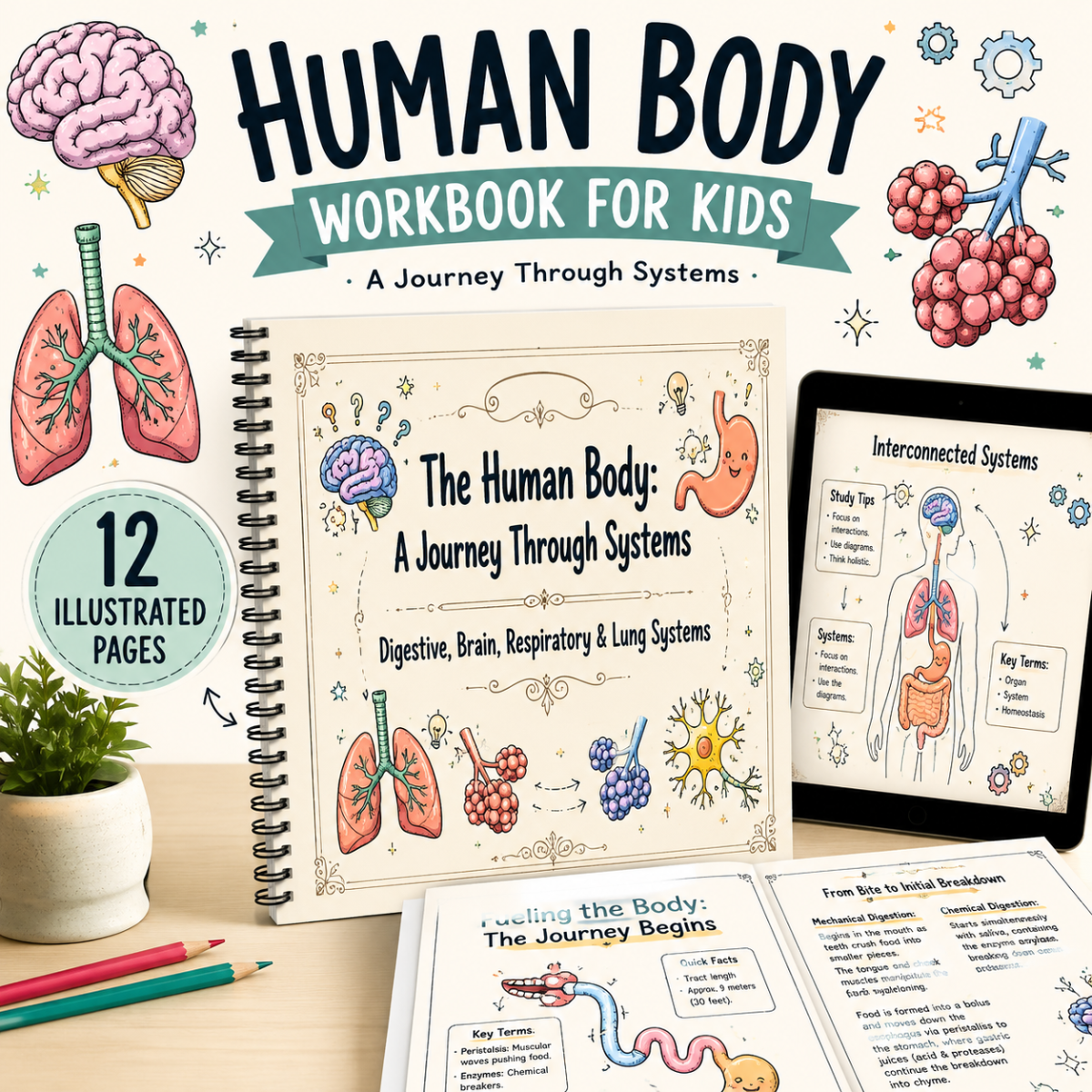 An educational teaching resource from BrightPrintsNY entitled Human Body Systems Workbook for Kids | Anatomy Science Printable PDF downloadable at Teach Simple.