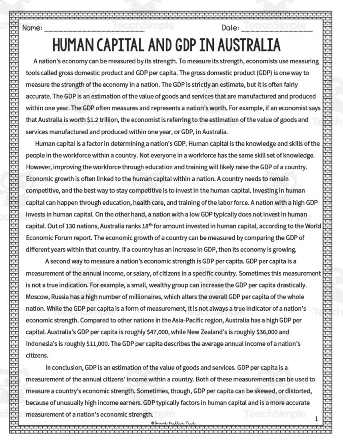 An educational teaching resource from Sarah Miller Tech entitled Human Capital + GDP in Australia Reading Packet downloadable at Teach Simple.