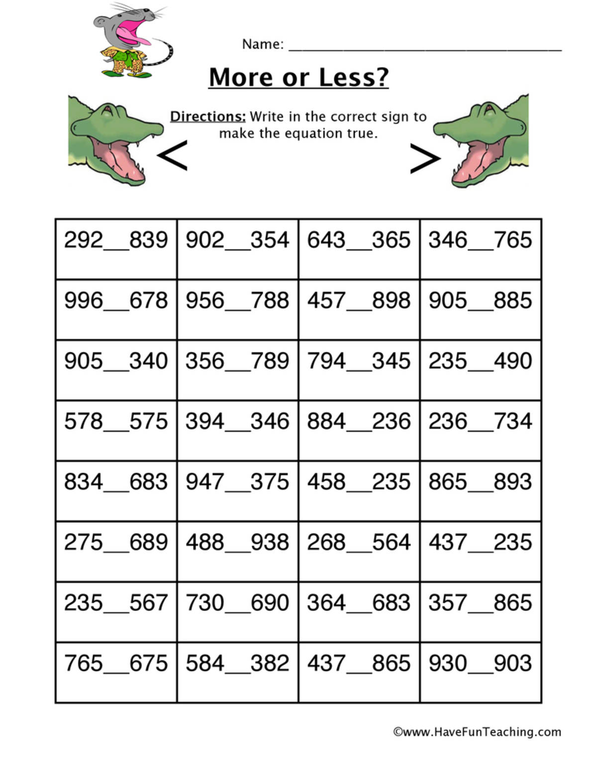 An educational teaching resource from Have Fun Teaching entitled Hundreds More or Less Worksheet downloadable at Teach Simple.