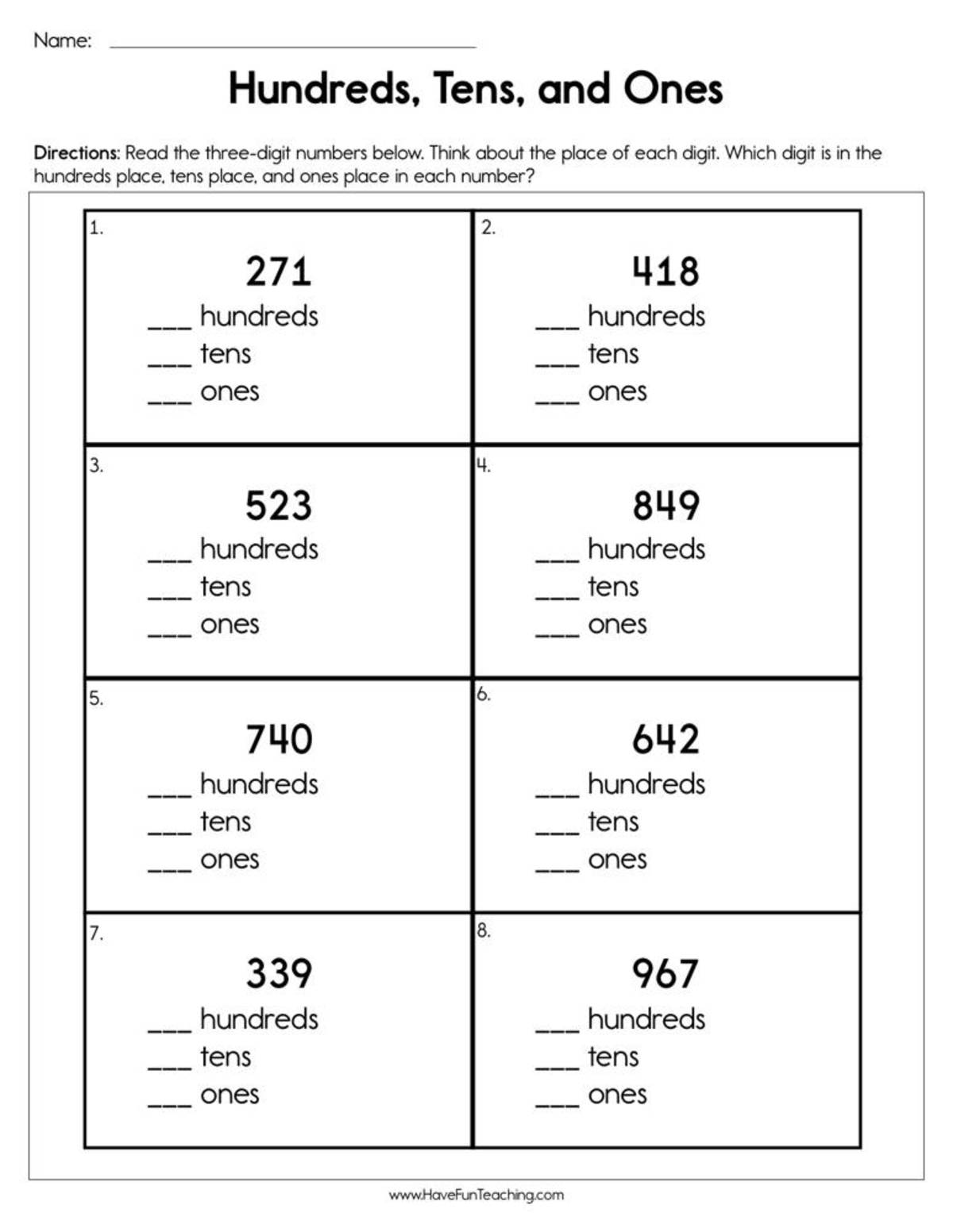 An educational teaching resource from Have Fun Teaching entitled Hundreds Tens and Ones Worksheet downloadable at Teach Simple.