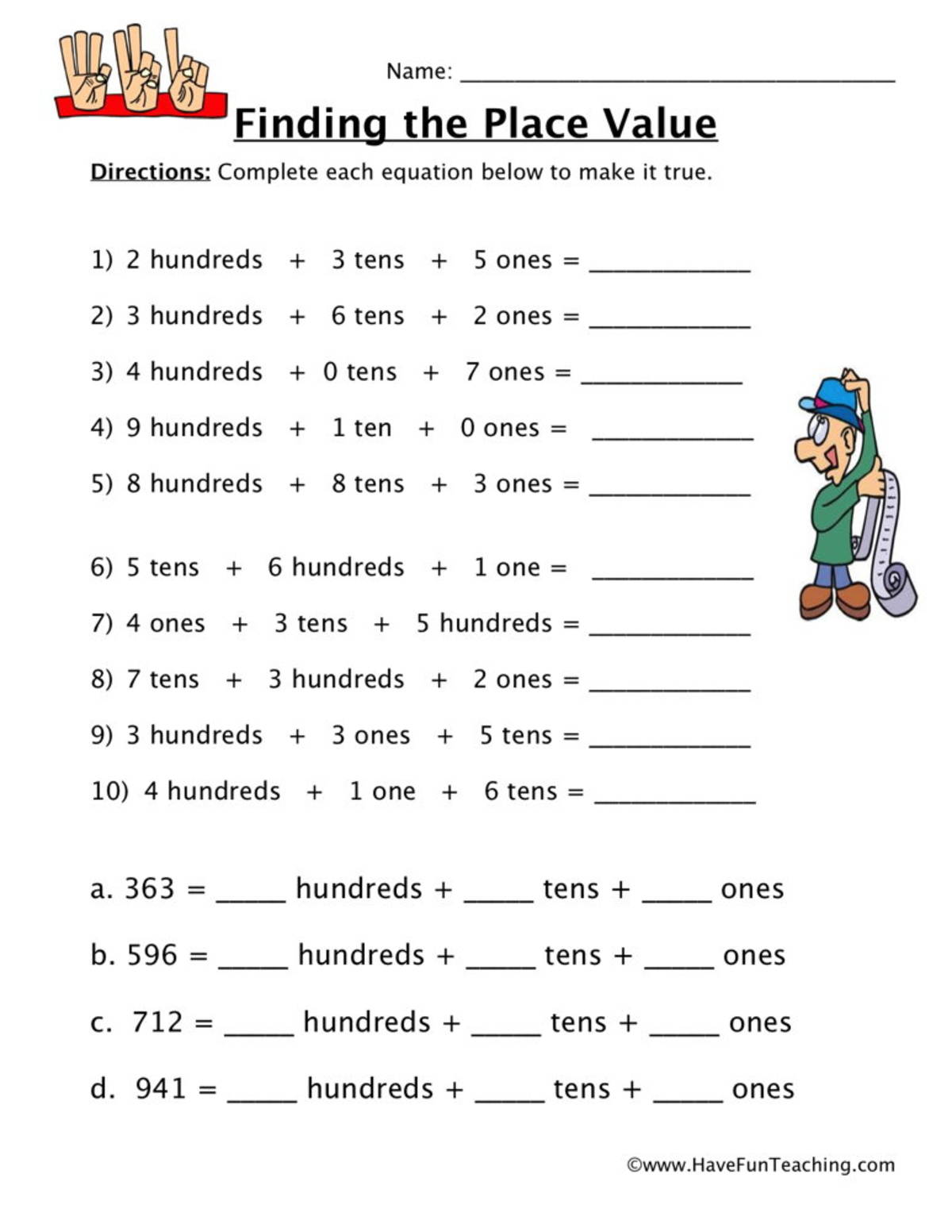 An educational teaching resource from Have Fun Teaching entitled Hundreds, Tens, Ones – Place Value Worksheet downloadable at Teach Simple.