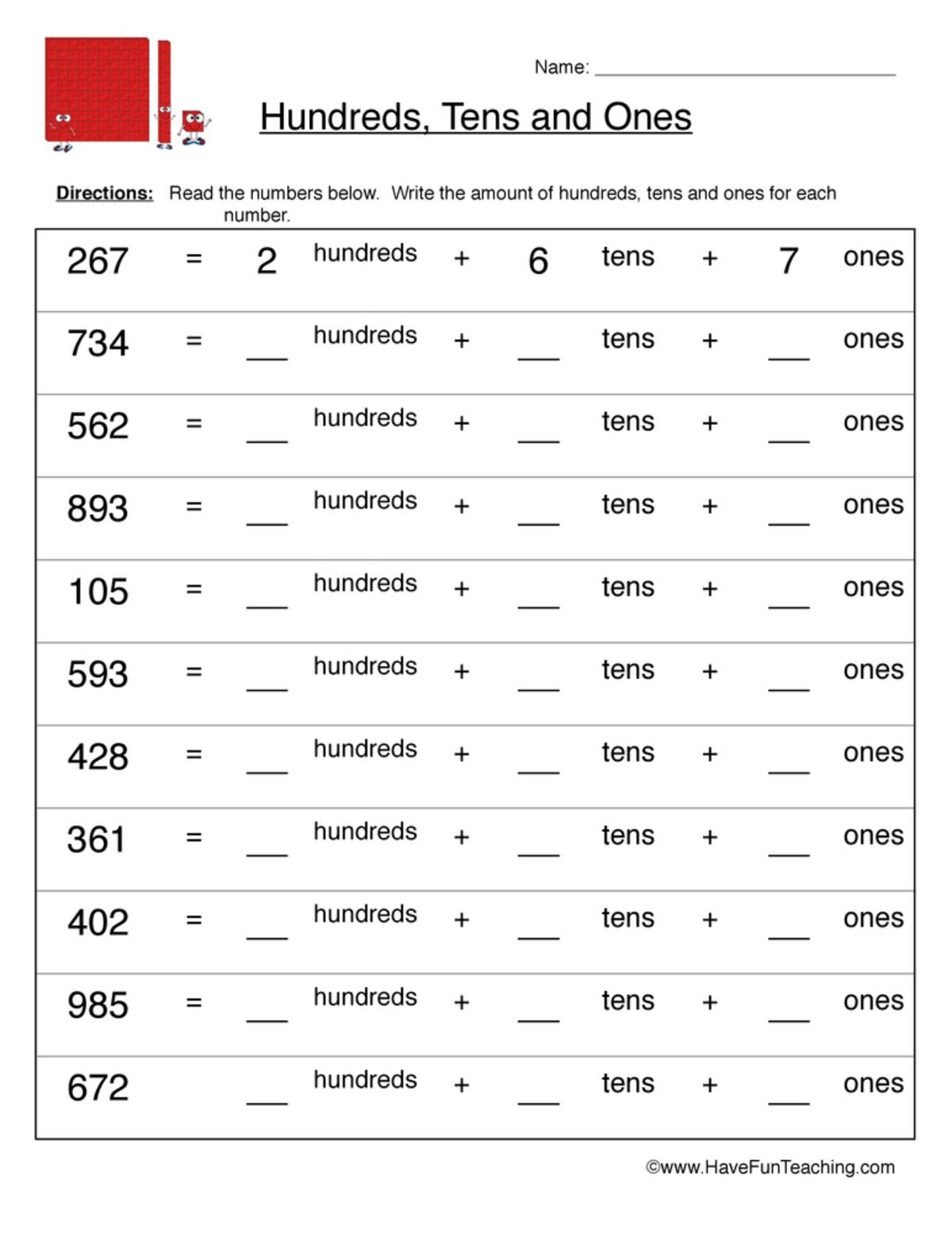 An educational teaching resource from Have Fun Teaching entitled Hundreds Tens Ones Worksheet downloadable at Teach Simple.
